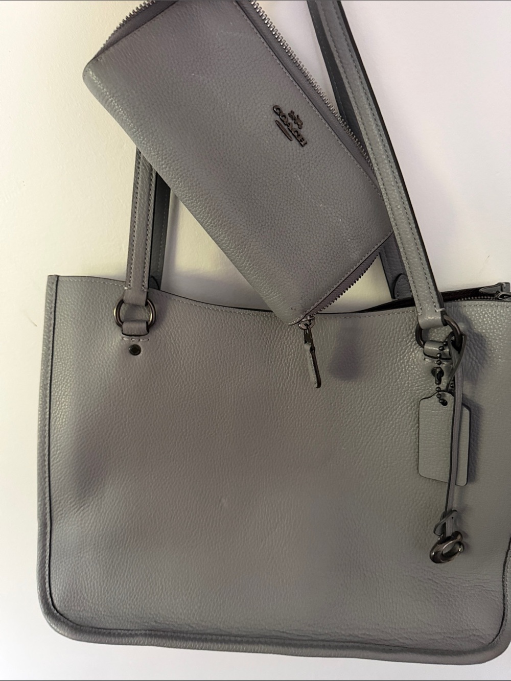 Coach Light Gray Pebbled Leather Shoulder Bag w/Wallet
